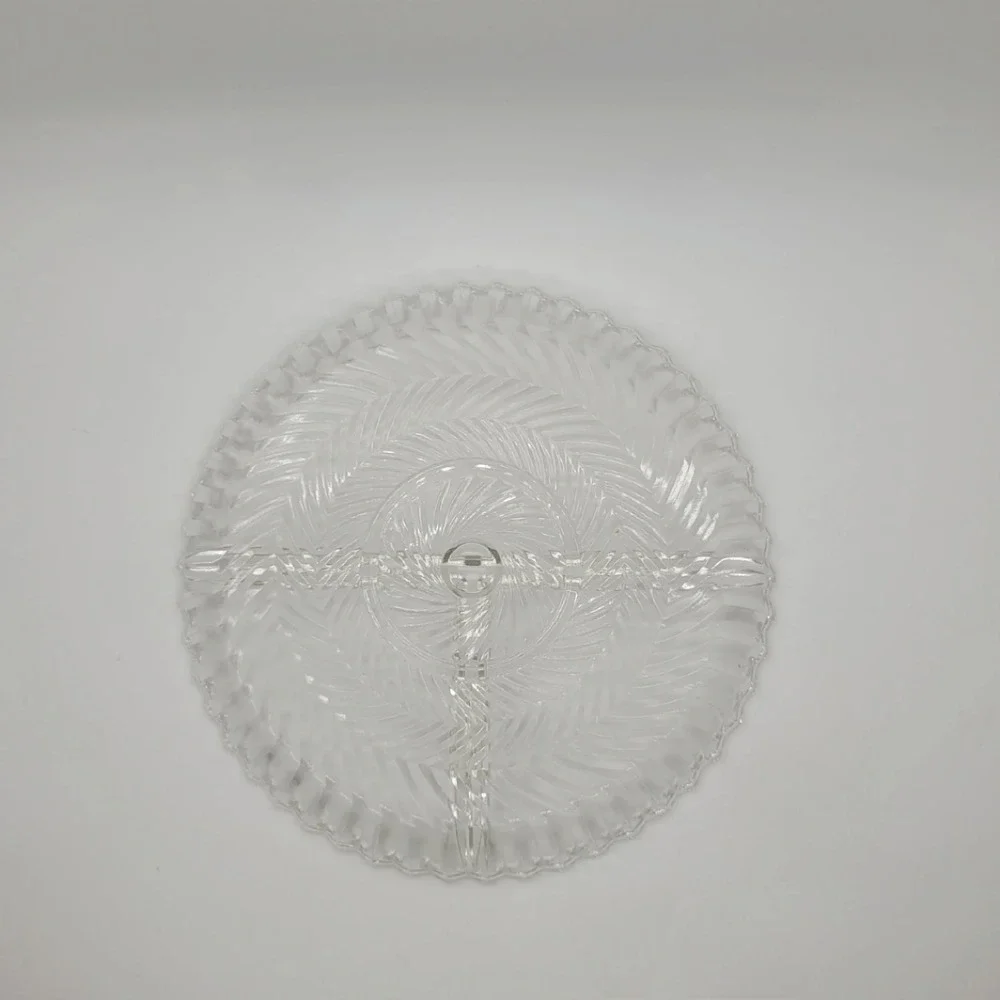 Vintage Clear Pressed Glass Divided Relish‎ Dish Herringbone Scalloped Rim 7